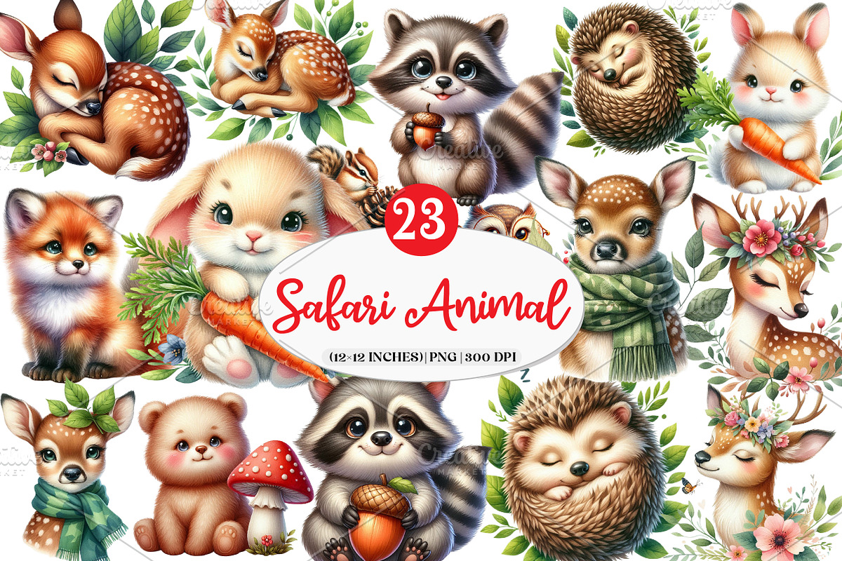 Baby Safari Png, Animals Clipart, an Illustration by Watercolor design (Photo 1 of 4)