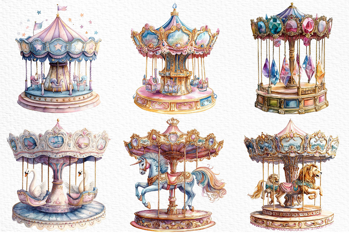 Watercolor Carousel Clipart Bundle, an Illustration by Craft Nest (Photo 3 of 9)
