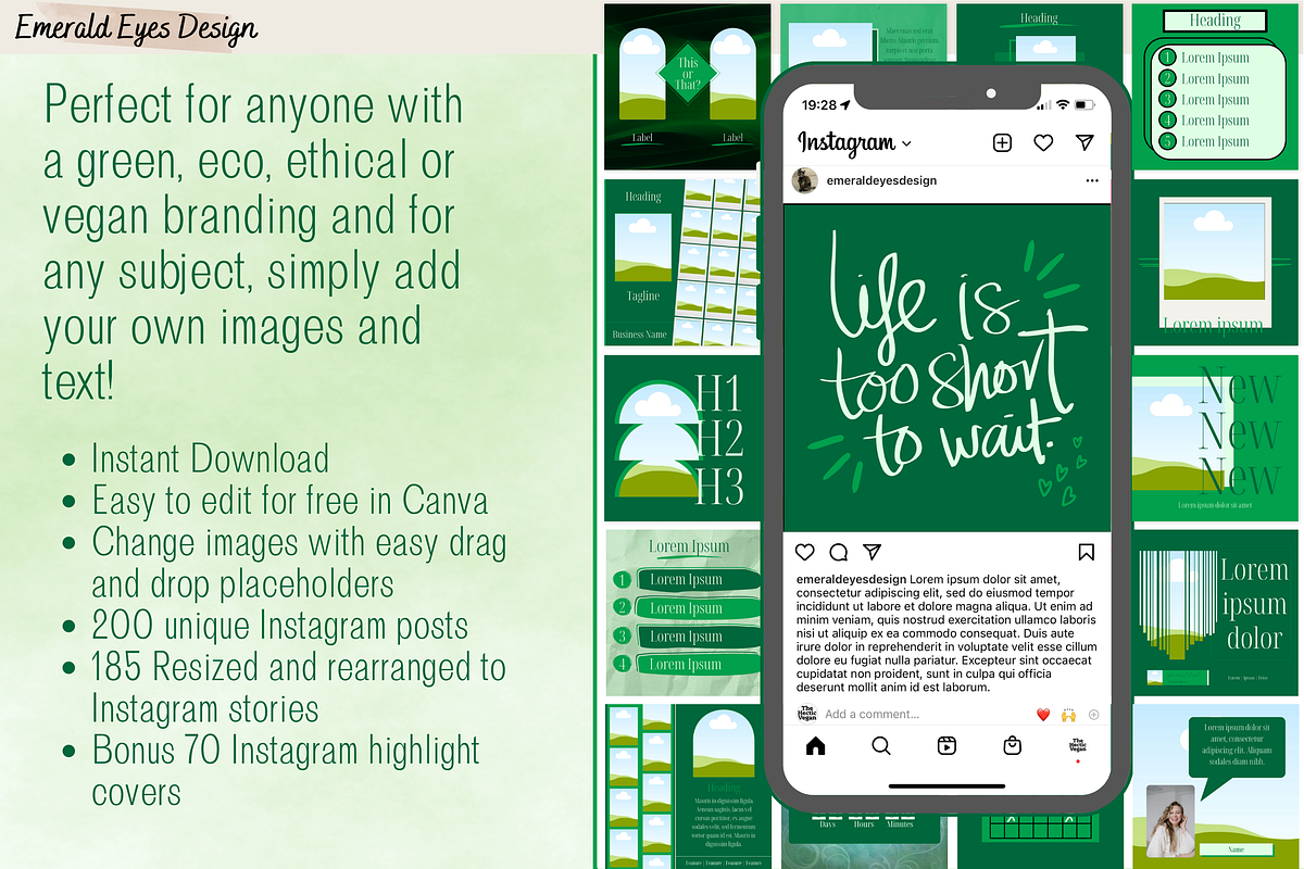 455 Canva Green Instagram Template, a Social Media Template by Emerald Eyes Design (Photo 2 of 12)