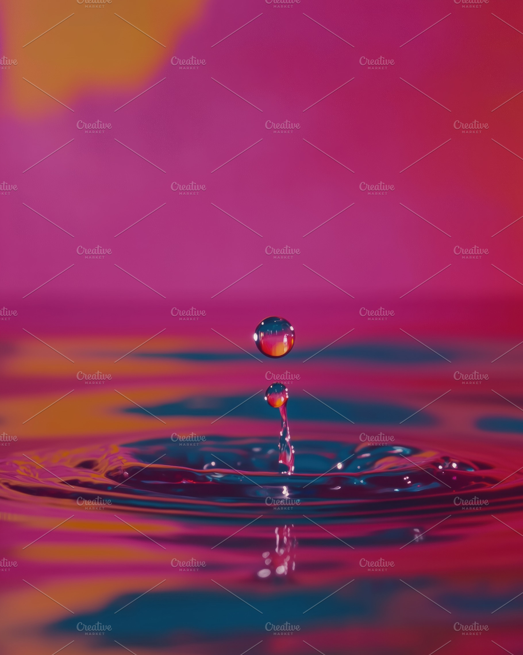 A close-up of a water droplet creating ripples in a colorful background. The dr, a Photo by Textures & Backgrounds