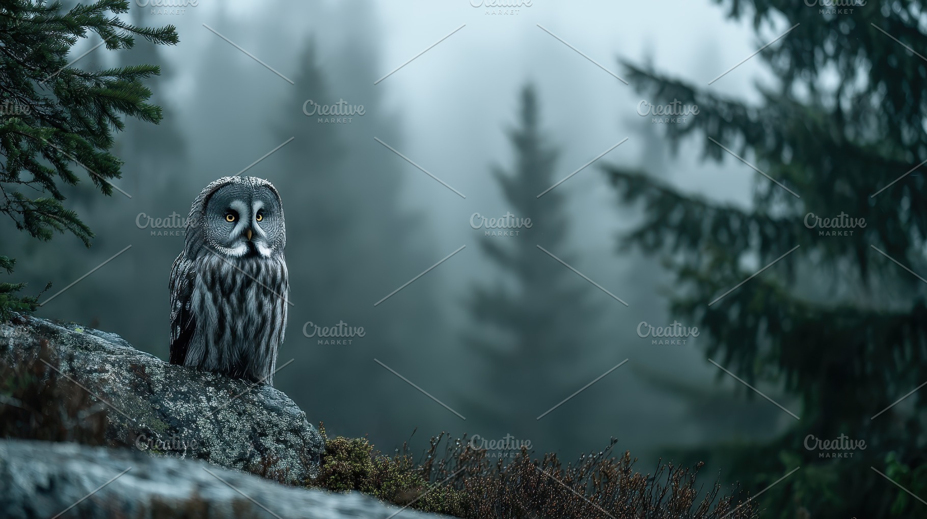 Majestic Grey Owl in Misty Forest Wi, a Photo by Pixeness Studio