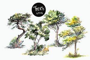 Watercolor Trees Clip Art Set