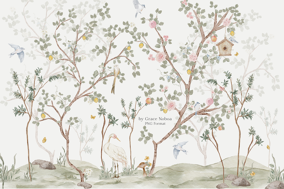 Woodland Chinoiserie Pattern scene, a Wallpaper Graphic by Grace Noboa Illustrations (Photo 14 of 14)