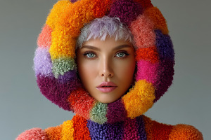 Colorful fashion portrait of woman in textured rainbow wool hood, a Person Photo by José Manuel Gelpi