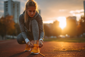 Woman tying shoelaces sunset workout, a Photo by Pixeness Studio