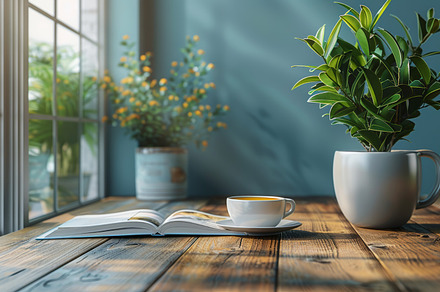 Cozy reading nook with coffee and plant on sunny wooden table, a Photo by AS photostudio