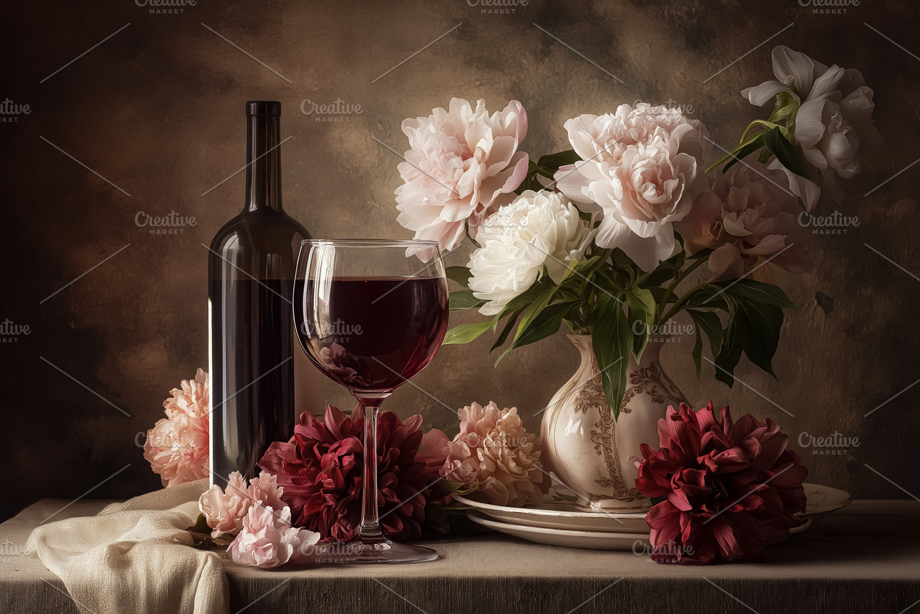 Still life composition with red wine, glass, peonies, and blossoms creating a r, a Food & Drink Photo by Studio ANNA