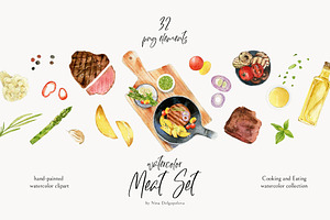 Watercolor Food Clipart, Meat Set.