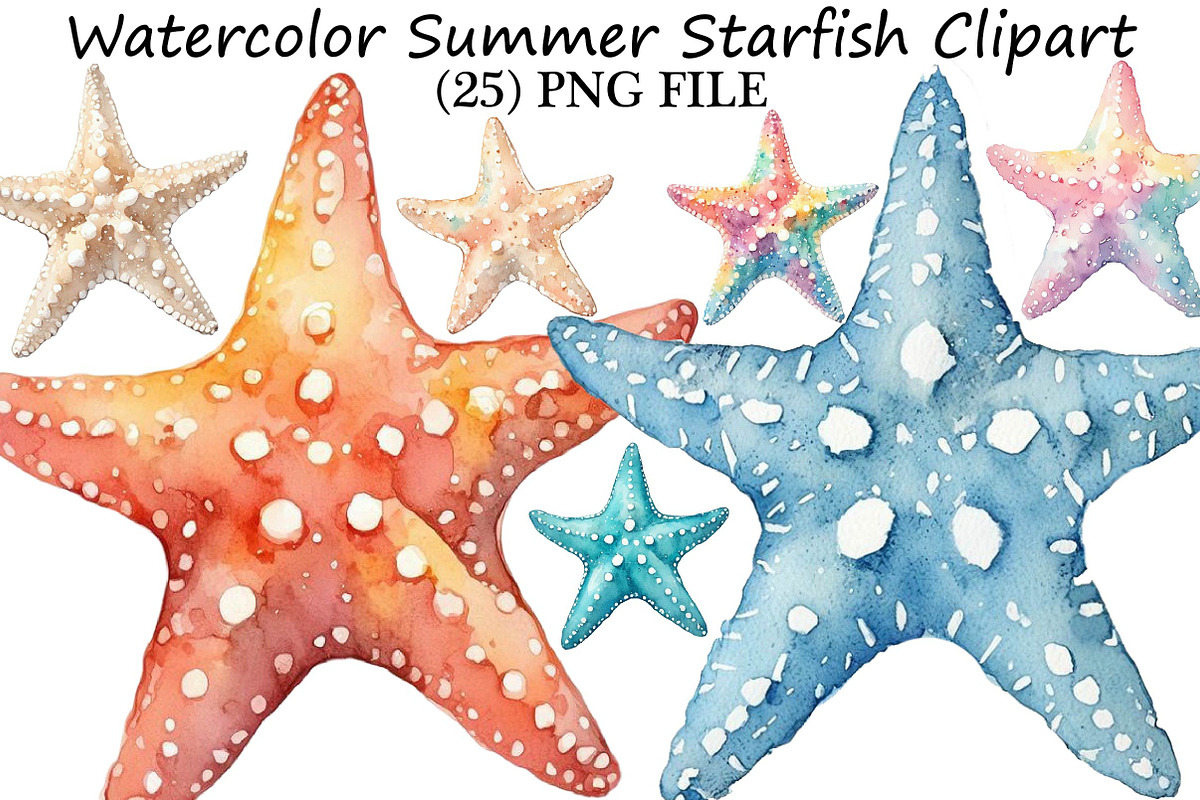 Watercolor Summer Starfish Clipart, an Illustration by DreamPrint404 (Photo 1 of 6)