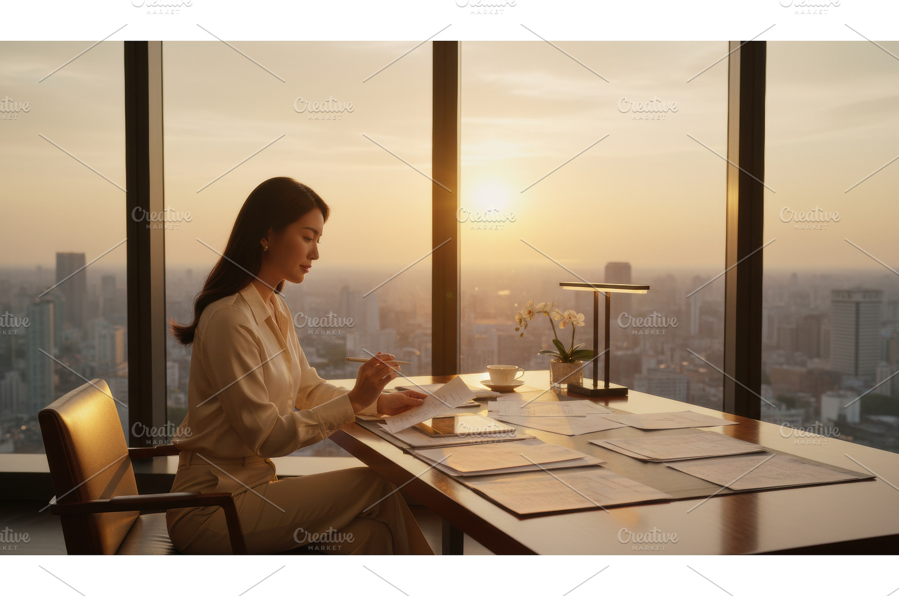 Woman in a silk blouse sits at a, an Architecture Photo by Igor Tichonow