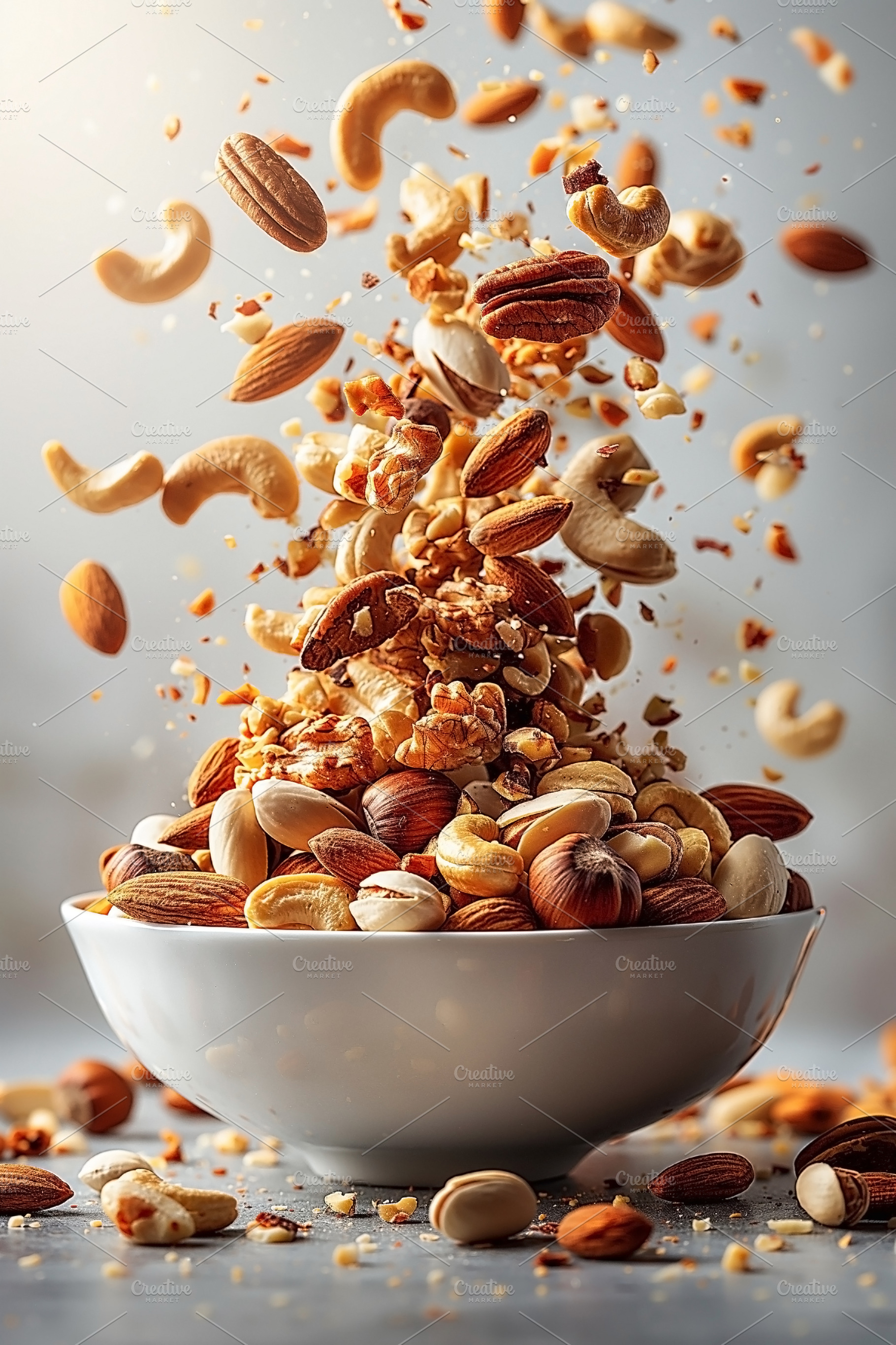 A captivating display of mixed nuts, including almonds, cashews,, a Food & Drink Photo by ImageMir