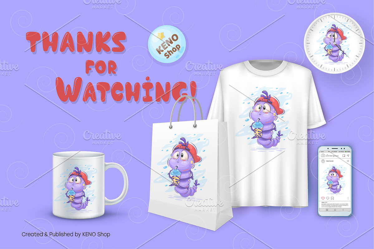 Cool cartoon caterpillar. Tshirt, an Animal Illustration by KENO Mascots (Photo 4 of 4)