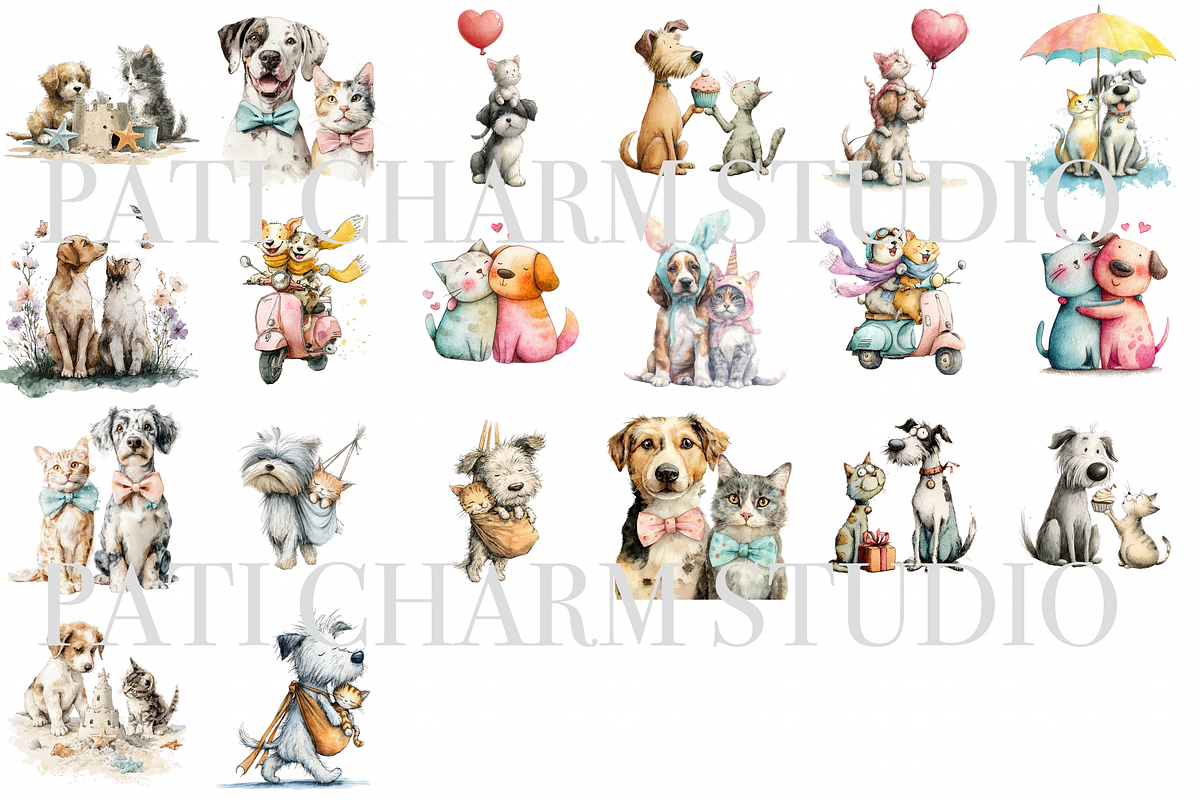 20 Whimsical Cat and Dog PNG Clipart, an Animal Illustration by Pati Charm Studio (Photo 2 of 8)
