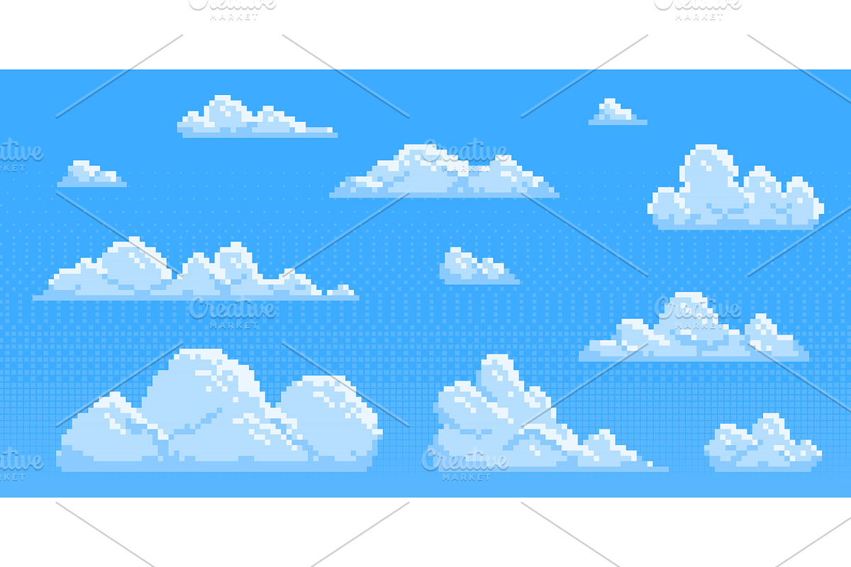 Pixel clouds set for game background, an Illustration by art PVP - market