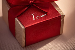 Gift box with elegant red ribbon, bow, and Love inscription, cre, a Photo by Studio ANNA