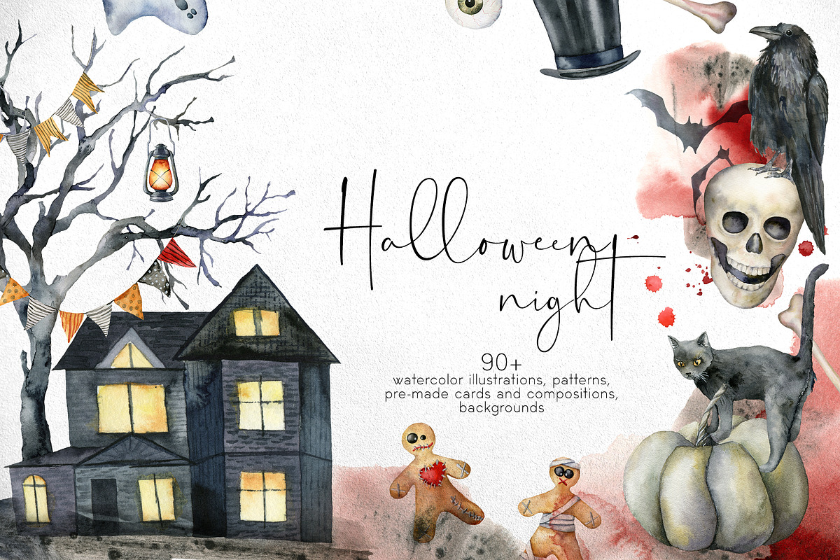 Watercolor Halloween night clipart, a Decorative Illustration by Yuliya Derbisheva (Photo 1 of 11)