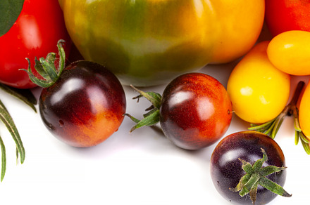 Assorted tomatoes and vegetables isolated on white background. P