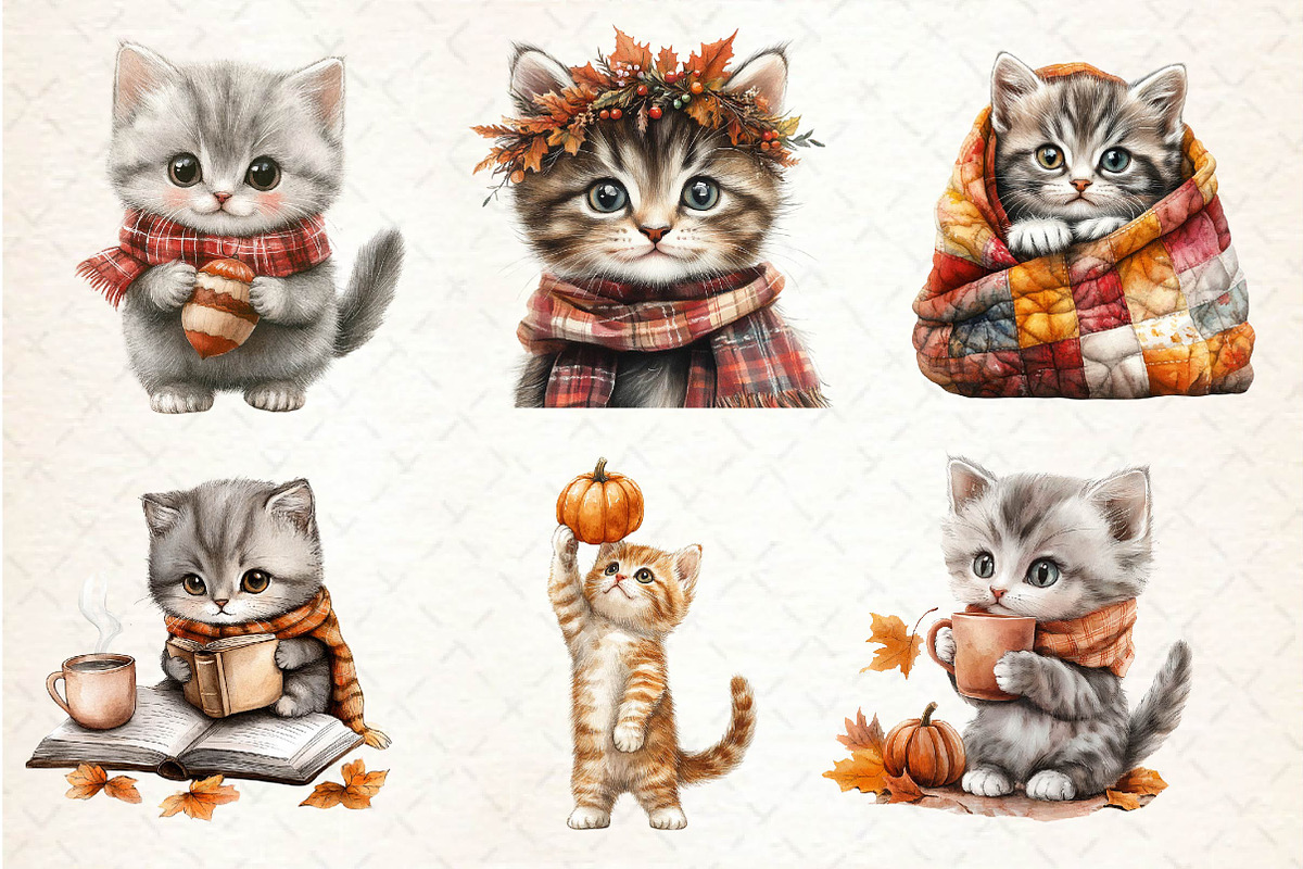 Watercolor Autumn Kitten Clipart, an Illustration by Dream Creation (Photo 4 of 6)