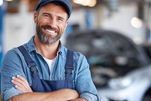 Smiling car mechanic in a workshop, a Transportation Photo by MistyDay