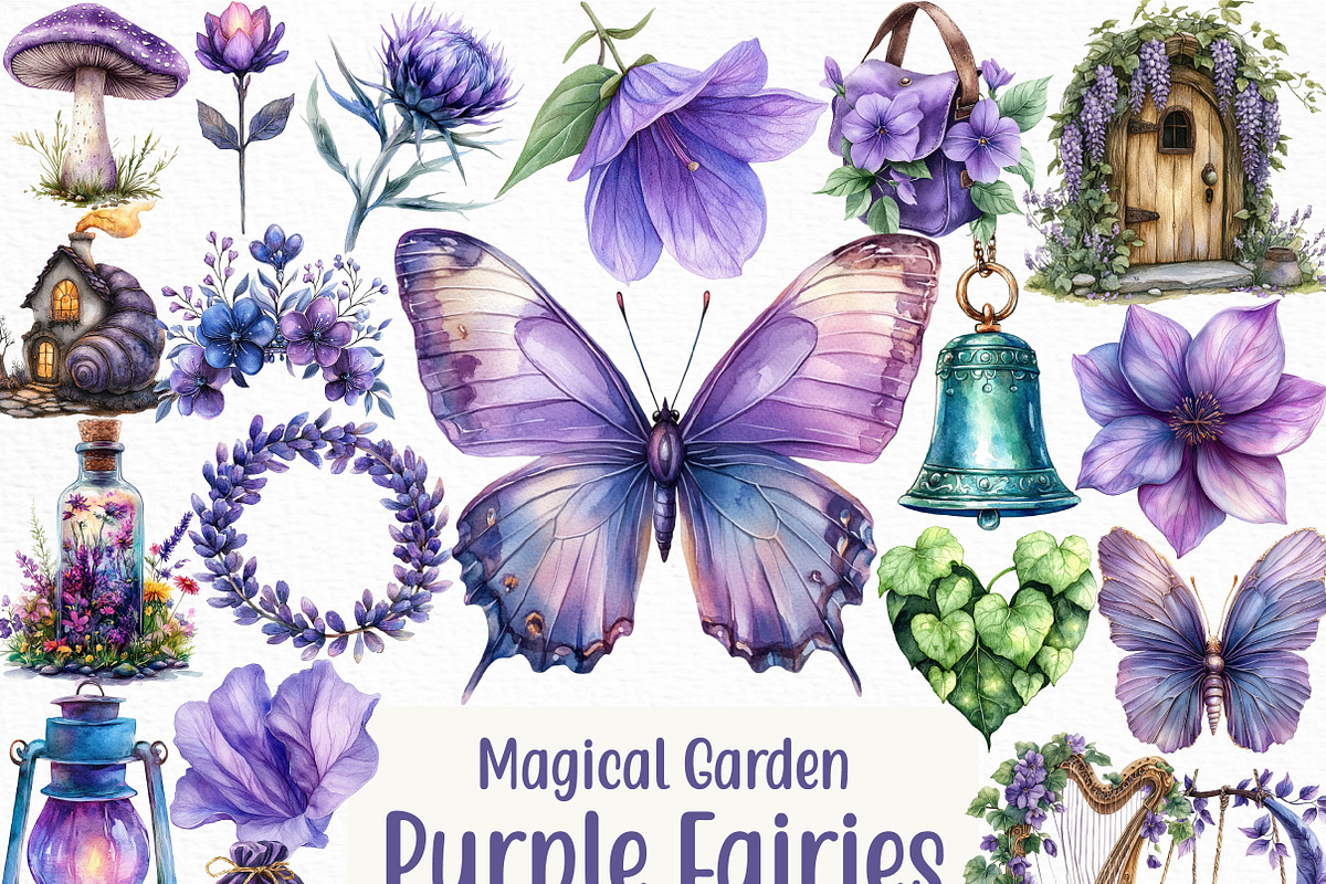 Magical Garden Purple Fairies Clipar, an Illustration by Craft Nest (Photo 1 of 6)