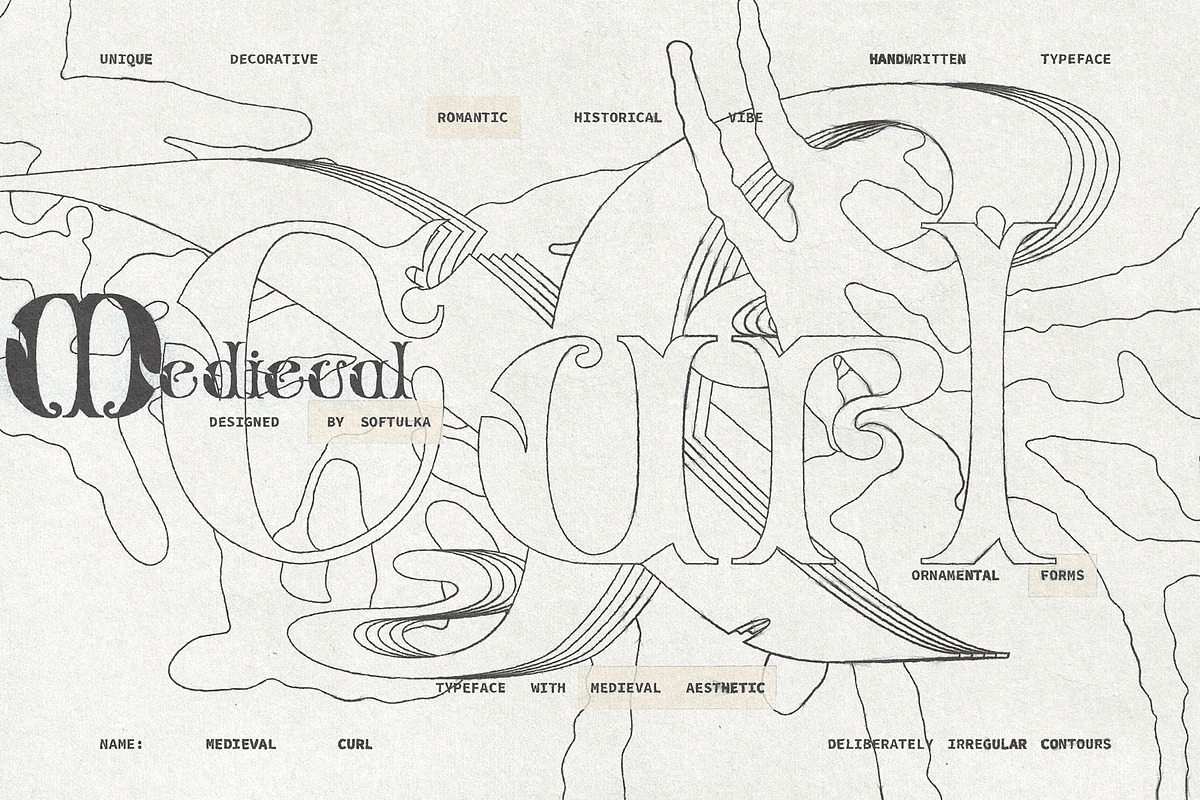 Medieval Curl Typeface, a Handwritten Font by softulka (Photo 3 of 8)