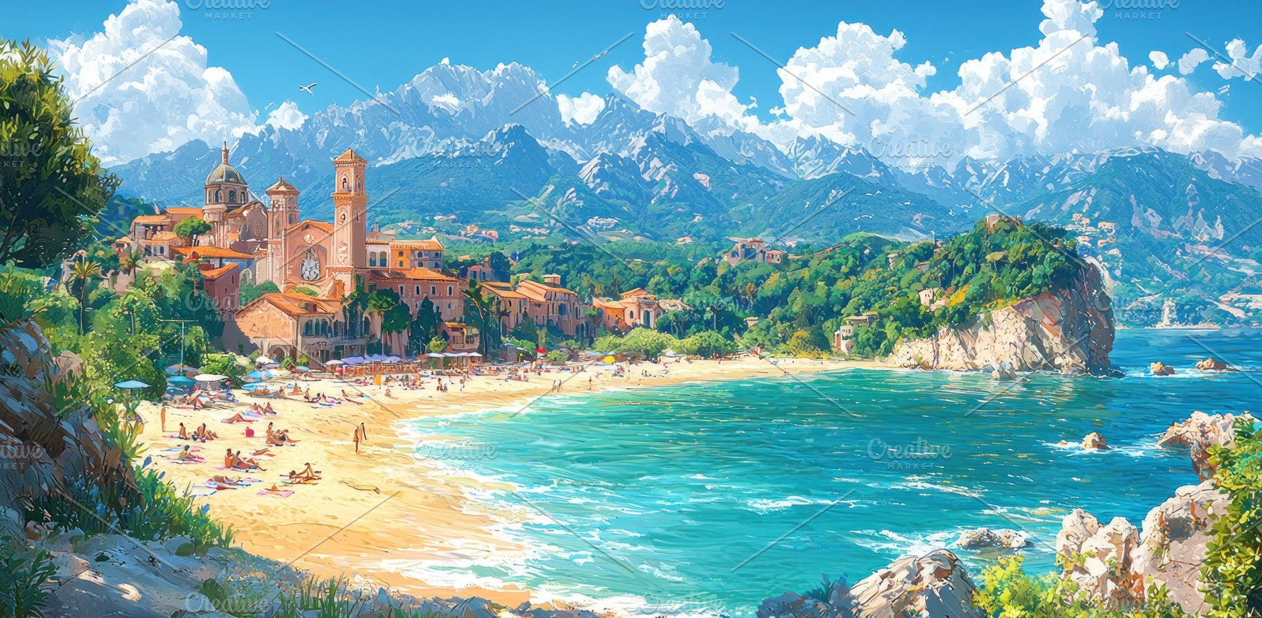 Scenic Mediterranean beach with historic church, colorful buildi, a Person Photo by José Manuel Gelpi