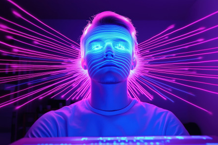 A person with a futuristic, digital appearance, featuring glowing blue and pink, an Arts & Entertainment Photo by Textures & Backgrounds