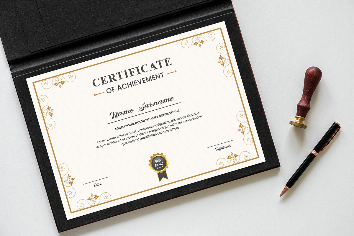 Achievement certificate template, a Stationery Template by Pixeness Studio