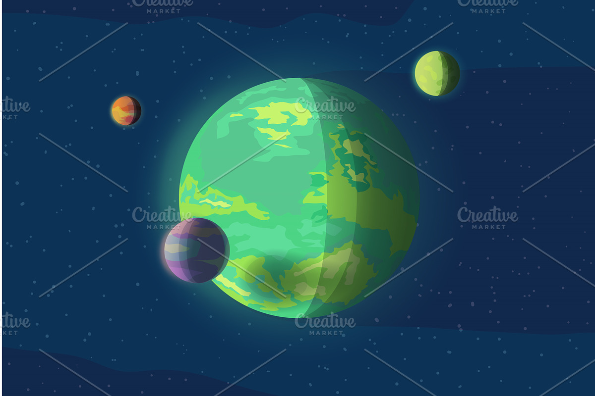 green planet with three moons deep, an Illustration by IfH