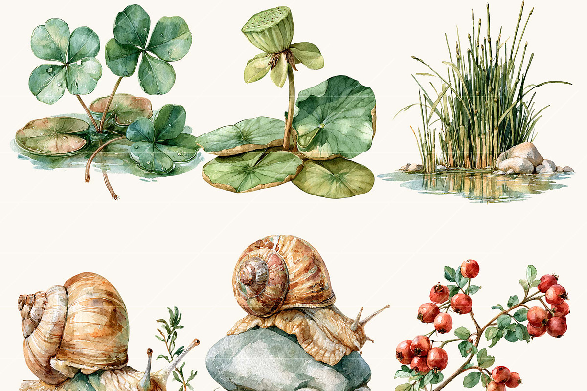 Watercolor Summer Pond Nature, an Object Illustration by BusyDaydesign (Photo 6 of 9)