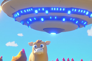 UFO hovers over grass with cow and c, a Photo by Dvoevnore photos