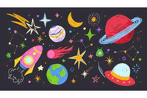 Crayon hand drawn space doodles with, an Illustration by art PVP - market