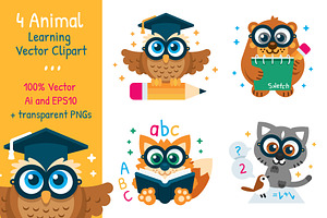 4 Animal Learning Vector Clipart