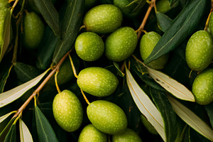 Green olives densely clustered on an olive tree branch, showing, a Photo by Studio ANNA