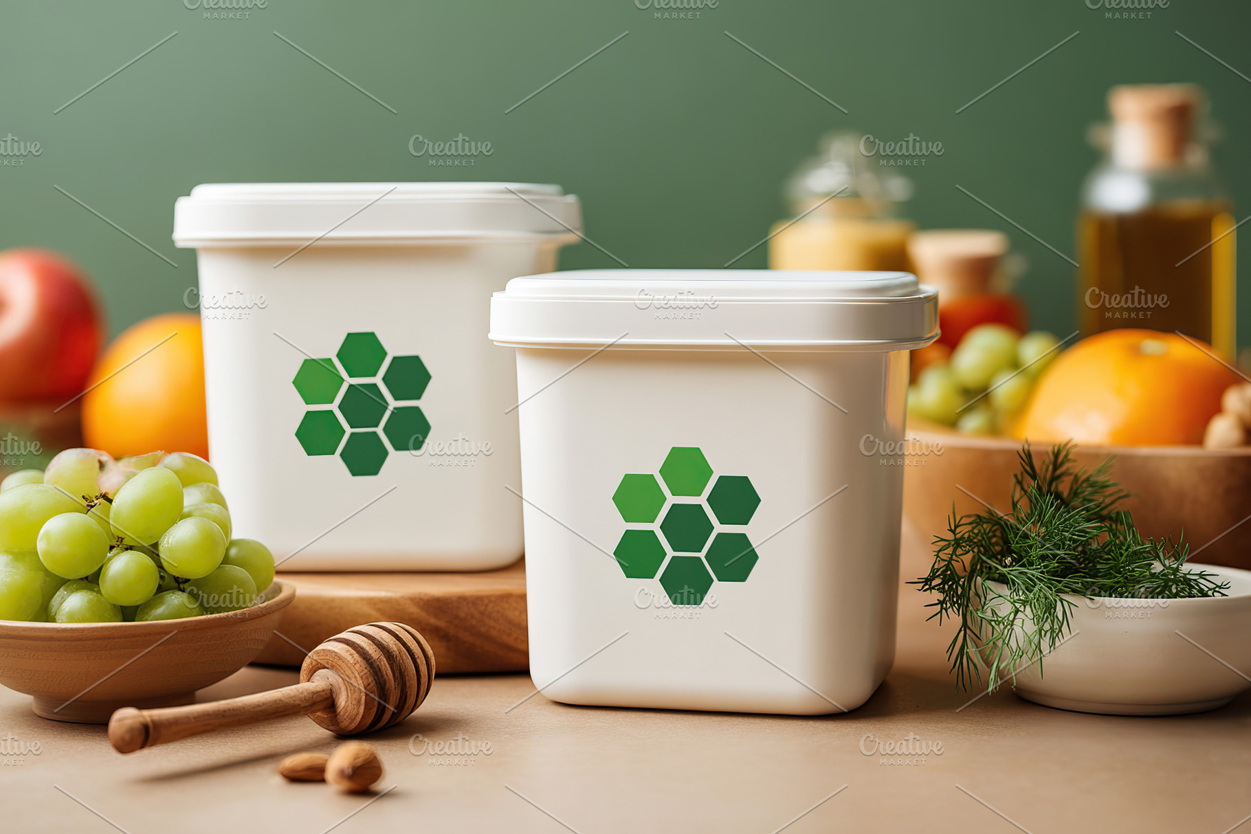 Food container mockup highlighting freshness with green accents and natural ing, an Abstract Photo by AlyaAnd