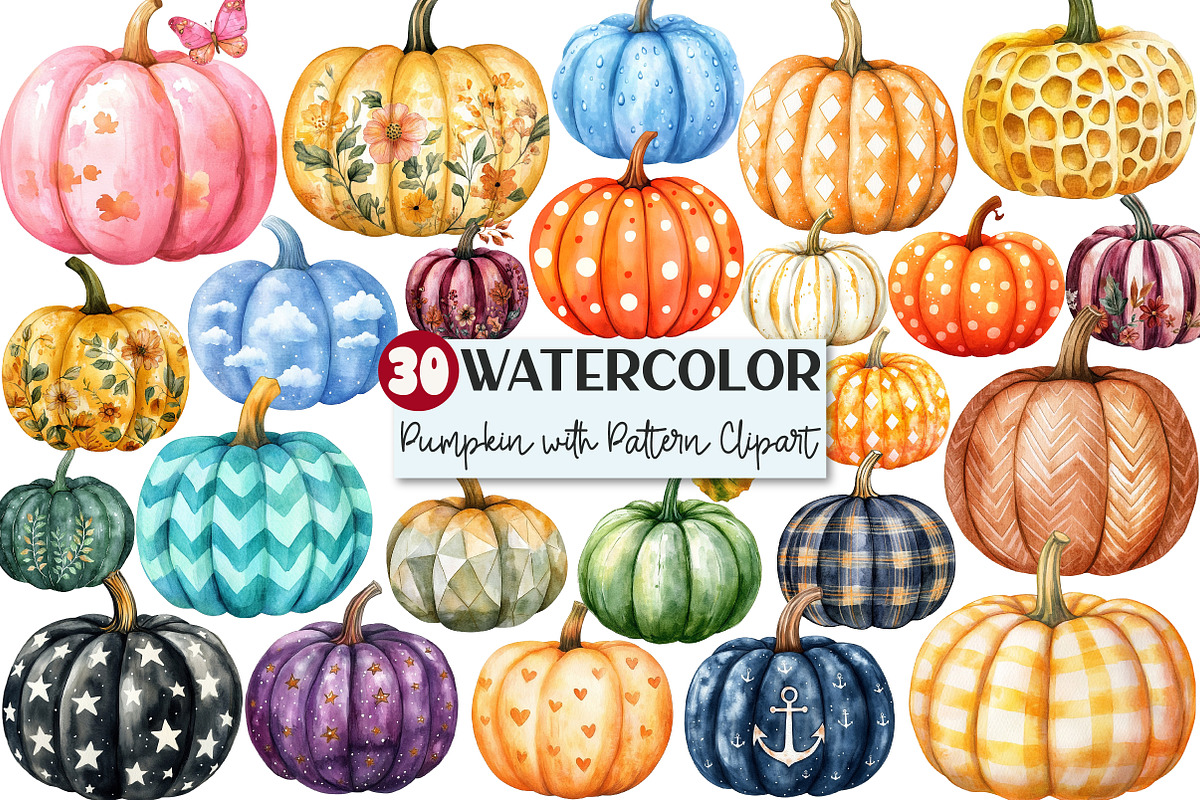 Watercolor Pumpkin with Pattern Clip, an Illustration by Rose Art (Photo 1 of 4)