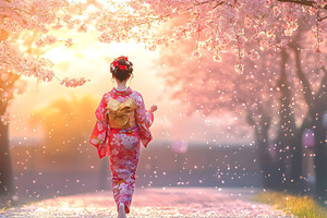 Japanese woman in kimono under cherr, a Person Photo by Photostock