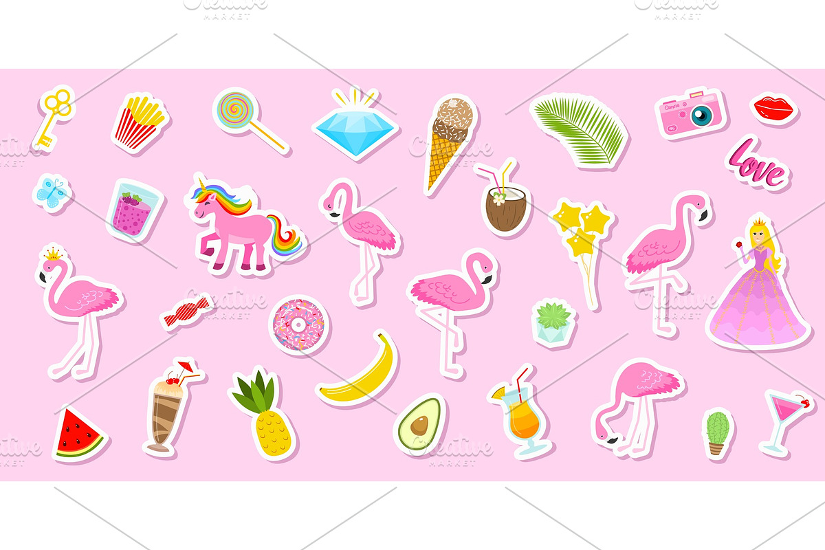 Set of girls fashion cute patches, fun stickers, badges, pins and stickers. Collection different elements. Princess and flamingos, unicorn, milkshakes, candy for notebook. Vector trendy illustration., an Illustration by Kseniia Studio
