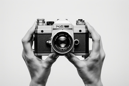 Hands grip a vintage camera, aiming, a Photo by Tanuart
