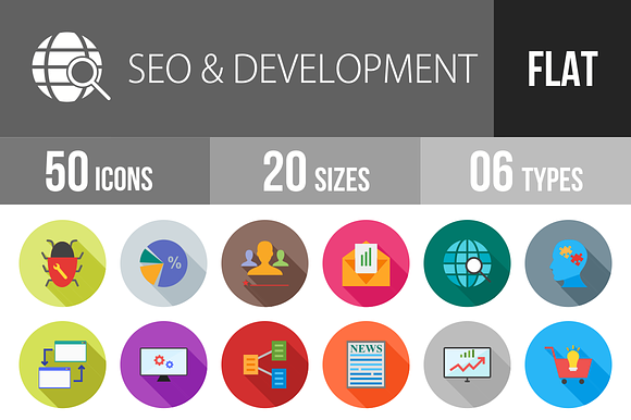 50 Seo Development Flat Shadowed