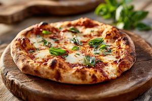 Fresh margherita pizza served on a rustic wooden board with basil garnish, a Food & Drink Photo by AlyaAnd