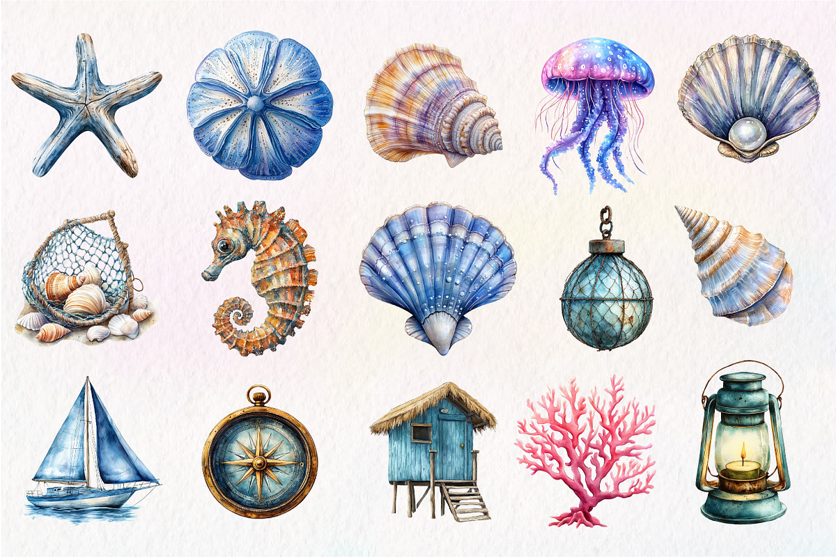 Watercolor Coastal Decor Clipart, an Illustration by Dream Creation (Photo 4 of 4)