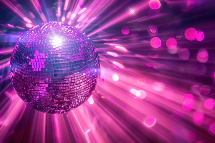 Vibrant Disco Ball with Sparkling Light Rays in Pink and Purple Nightclub Scene, a Photo by José Manuel Gelpi