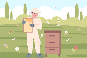 Worker on apiary. Male beekeeper, an Animal Illustration by LadadikArt