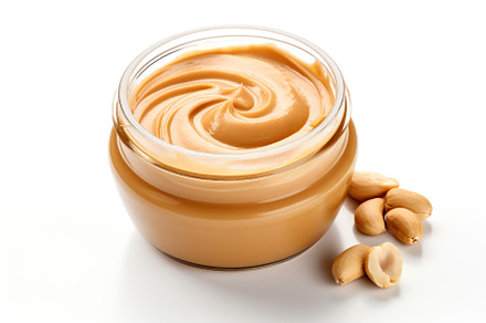Glass jar with peanut butter on white background, a Food & Drink Photo by AlyaAnd