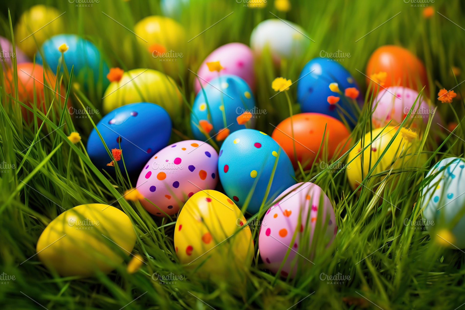 Colorful easter eggs on green grass, a Holiday Photo by AlyaAnd