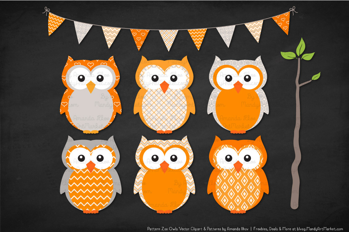 Owls Clipart & Patterns in Tangerine, an Animal Illustration by Amanda Ilkov (Photo 3 of 4)