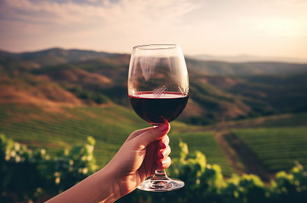 Female hand holding glass of red wine on vineyard background, a Food & Drink Photo by AlyaAnd
