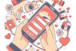 Hands holding smartphone surrounded by digital media icons and vibrant elements, a Photo by AS photostudio