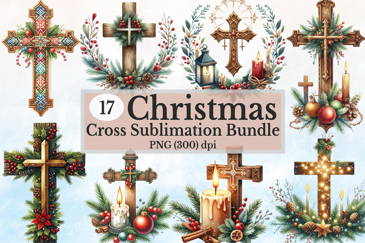 Christmas Cross Watercolor Clipart, a Seasonal Illustration by Rose Art (Photo 1 of 4)